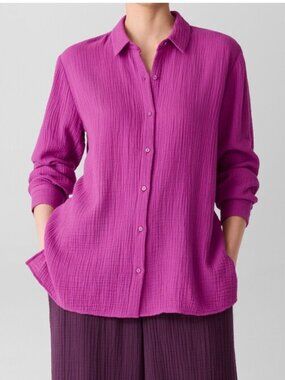 Eileen Fisher Pink Gauze Button Front Shirt XL Organic Cotton Long Sleeve